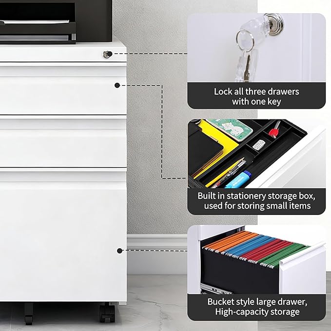 3 Drawer File Cabinet with Wheels Metal Filing Cabinets for Home Office with Lock Under Desk Drawer Organizer Fully Assembled Fits Letter A4 Standard Sizes (White 23.6*15.4*19.7)