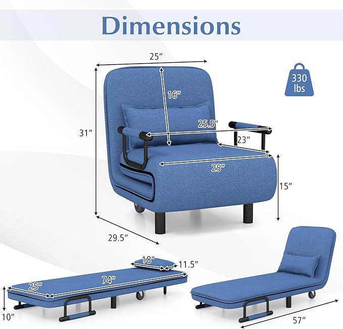 Giantex 26.5 Convertible Sofa Bed Folding Arm Chair Sleeper Leisure Recliner Lounge Couch (Blue)