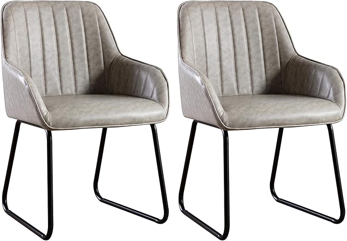 Vanity Art Mid Century Modern Accent Chair with Arms Upholstered Synthetic Faux Leather Chair for Living Room Bedroom Reading Area Comfy Dining Chairs Set of 2 (Grey) UC-15G
