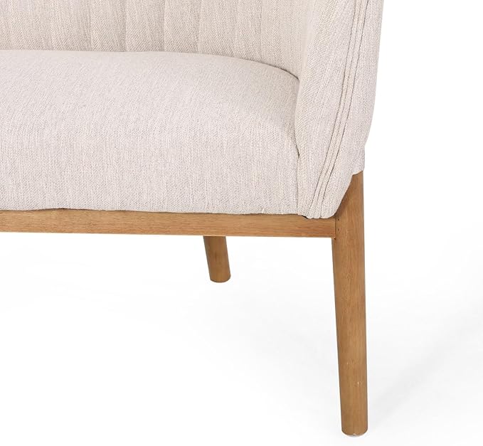 Beige Fabric Loveseat Sofa - Mid Century Modern Channel Stitched Design with Brown Rubberwood Legs for Living Room Bedroom Foyer