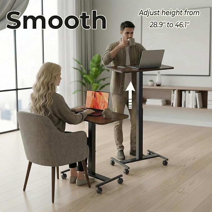 HUANUO Small Rolling Laptop Standing Desk Height Adjustable Mobile T-Base Desk with Lockable Casters Portable Sit-Stand Workstation for Bedside &amp Sofa Walnut