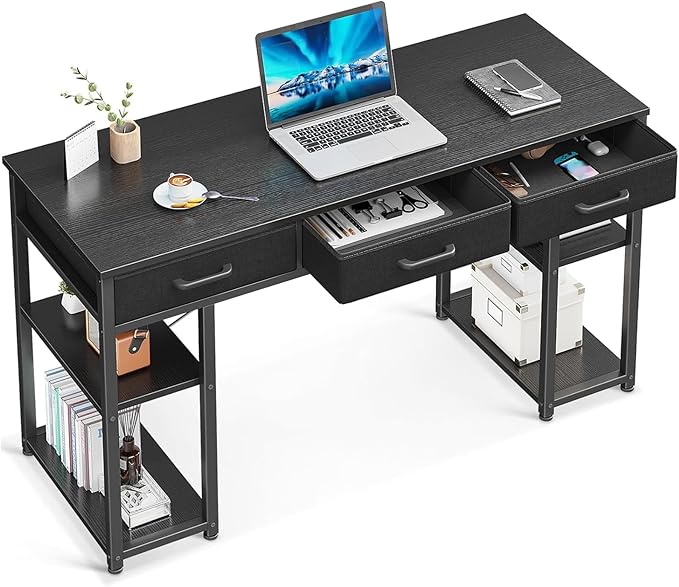 ODK Office Small Computer Desk: Home Table with Fabric Drawers &amp Storage Shelves Modern Writing Desk Black 48x16