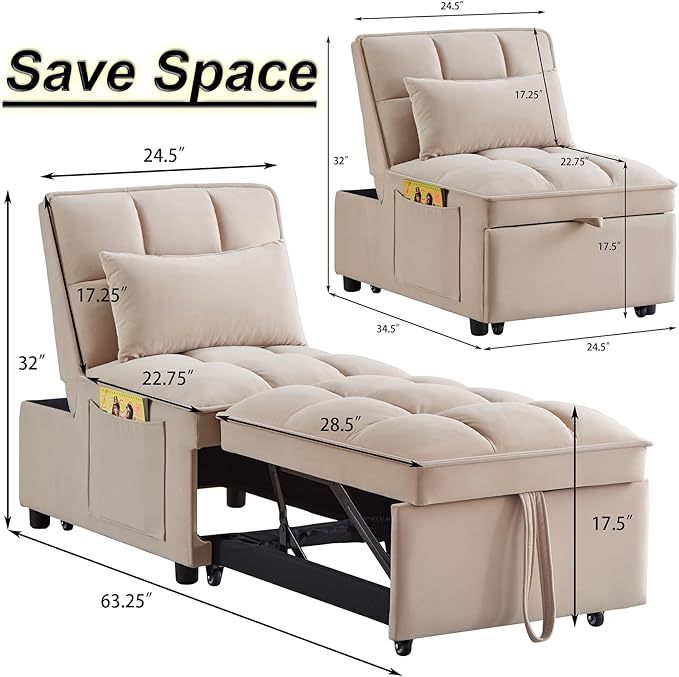 4 in 1 Sleeper Chair with Pullout BedConvertible Lazy Sleeper Sofa Chair withStorage Pockets &amp Adiustable Backrest forLiving Room (Taupe)