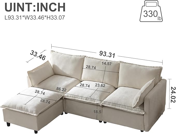 93'' Cloud Modular Sectional Couch with Convertible Removable Ottoman Oversized L Shape Sofa Deep Seat Sofa with Throw Pillows for Living Room Bedroom Apartment (Beige)