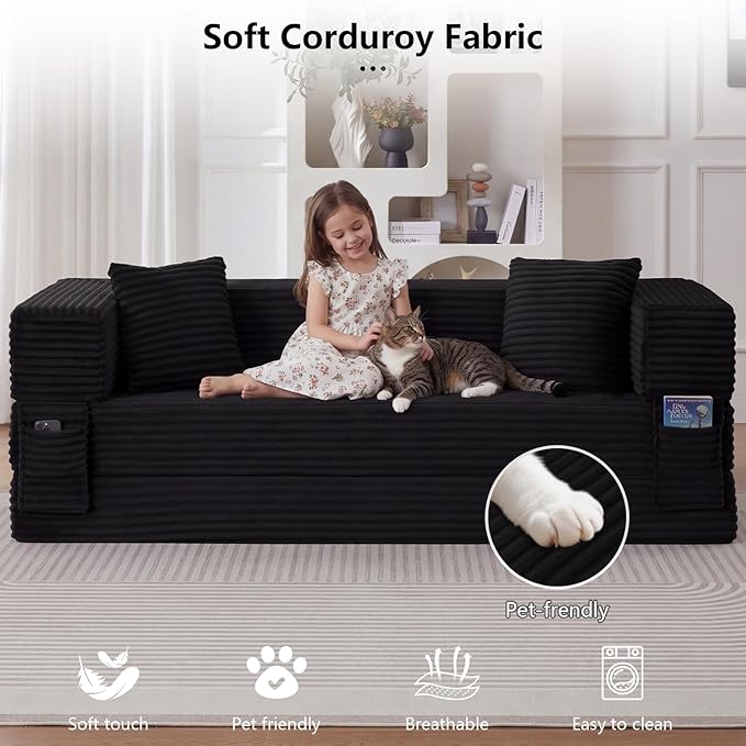 GNIXUU 78.7 Boneless Convertible Sleeper Sofa Bed 4-in-1 Folding Corduroy Futon Couch Bed Oversized Loveseat Modular Floor Mattress Couch for Living Room Bedroom Lounge No Assembly Black