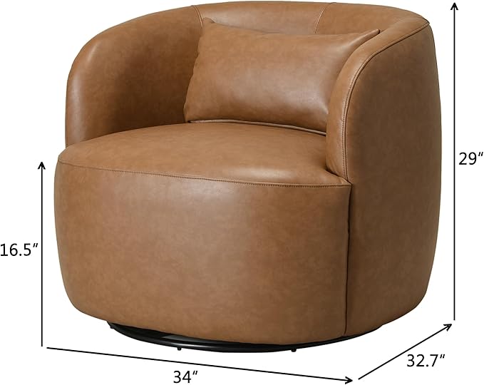 KINWELL Faux Leather Swivel Armchair Set of 2 No Assembly Upholstered PU Leather Swivel Accent Chairs with Toss Pillow for Living Room Office Lounge Camel