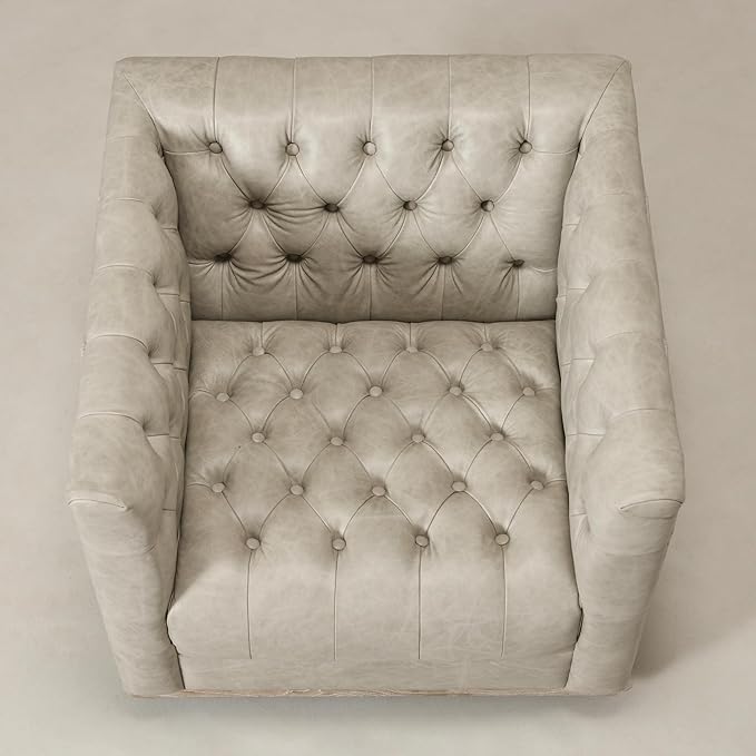 KINWELL 32'' W Genuine Leather Square Swivel Barrel Chair Mid Century Modern Tufted Swivel Accent Chair for Living Room Bedroom Office (Light Gray)