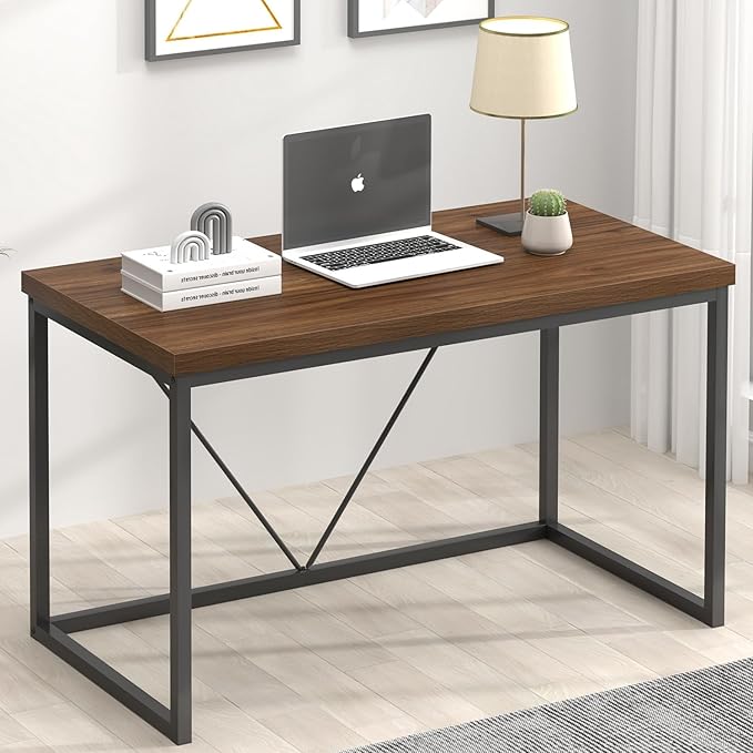 FOLUBAN Modern Office Desk Rustic Wood and Metal Computer Desks Industrial Study Writing Table Simple Work Gaming PC Desk for Bedroom Living Room Walnut 47 Inch