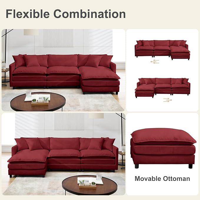 108’’ Modular Sectional Sofa with Sleeper Comfy Cloud Couch L Shaped Chenille Couch with Thick Cushions &amp Movable Ottoman for Living Room Bedroom (Wine Red 108.27 - L Shape Sofa)