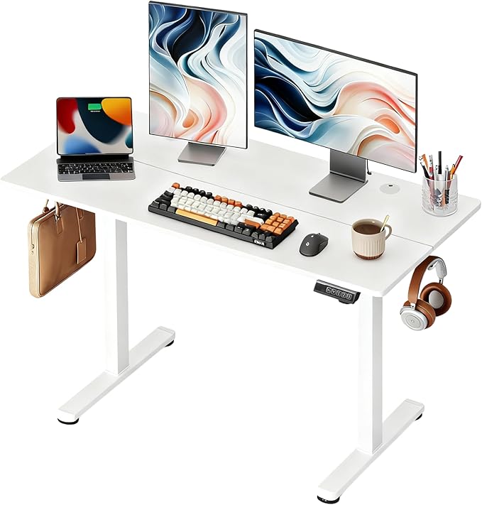 DEVAISE 48 Inch Electric Standing Desk 3 Adjustable Height Stand up Desk for Home Office Ergonomic Sit to Stand Desk with LED TouchscreenHeadphone Hook 3 Memory Preset Computer Desk (White)
