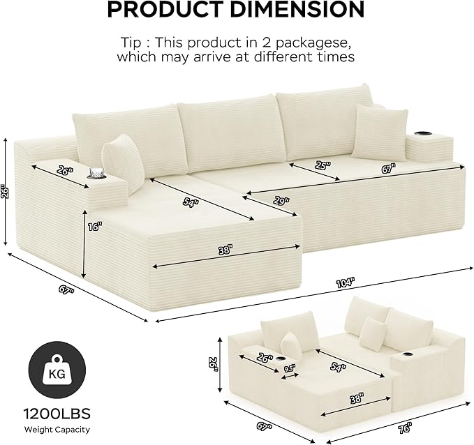 105 Modular Sectional Sofa L-Shaped Couch for Living Room Cloud Sofa with Deep Seat Memory Foam and Oversized Chaise Plush Corduroy Boneless Couches No Assembly Required White