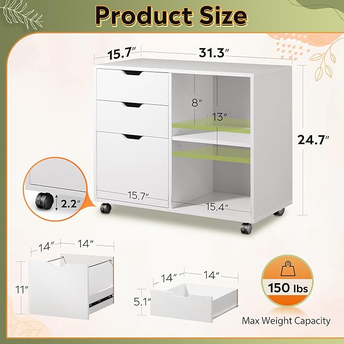 DEVAISE 3-Drawer Wood File Cabinet Mobile Lateral Filing Cabinet Printer Stand with Open Storage Shelves for Home Office White