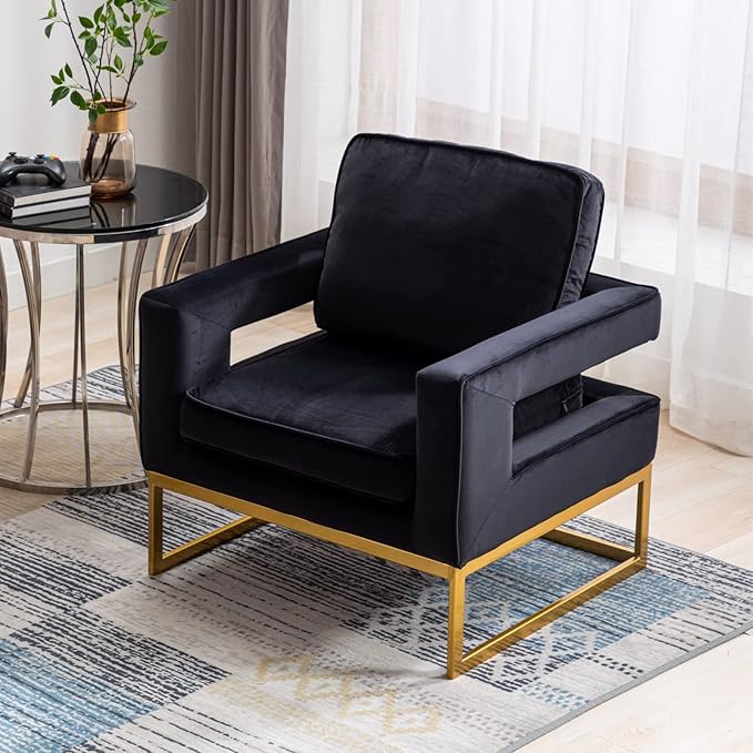 LukeAlon Elegant Velvet Accent Club Chair Upholstered Armchair with Gold Metal Legs Modern Single Sofa Chair Comfy Reading Chair with Open Back for Living Room Bedroom Black