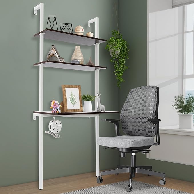 3-Tier Wall Mount Desk Ladder Desk with Open Shelves&ampPower Strip Wall Mount Computer Writing Table Desk Storage Shelves Computer or Writing Desk for Home Office