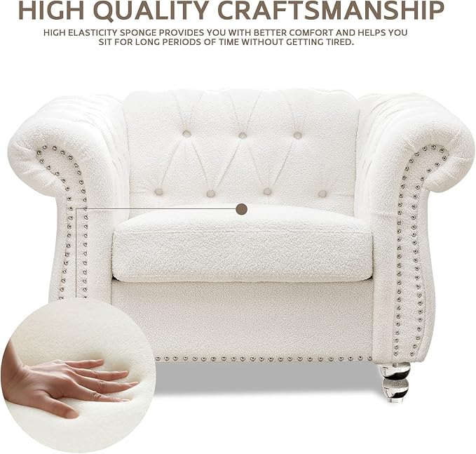 White Chesterfield Chair Sherpa Accent Chair Chesterfield Upholstered Club Wingback Chair Button Tufted Sofa for Living Room Bedroom Office