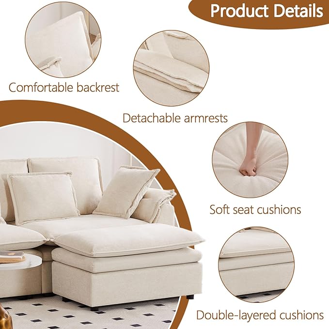87 L Shaped Sectional Sofa Modular Deep Seat Sofa Couch with Ottoman Chenille Sofa Sleeper Comfy Upholstered Furniture for Living Room Apartment Studio Office (Beige L-Shaped)