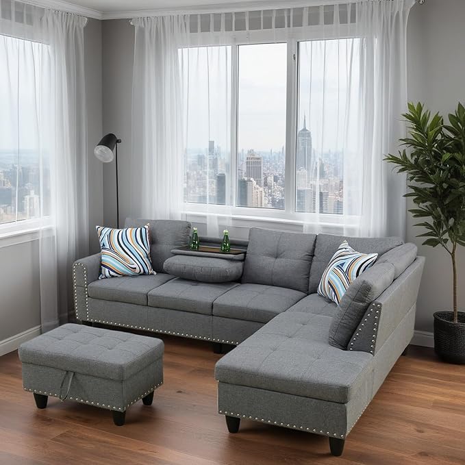 L Shaped Couches for Living Room Sectional Couch Living Room Furniture with Storage Ottoman Modular Sectional Sofa with Movable Chaise for Apartment Office Grey