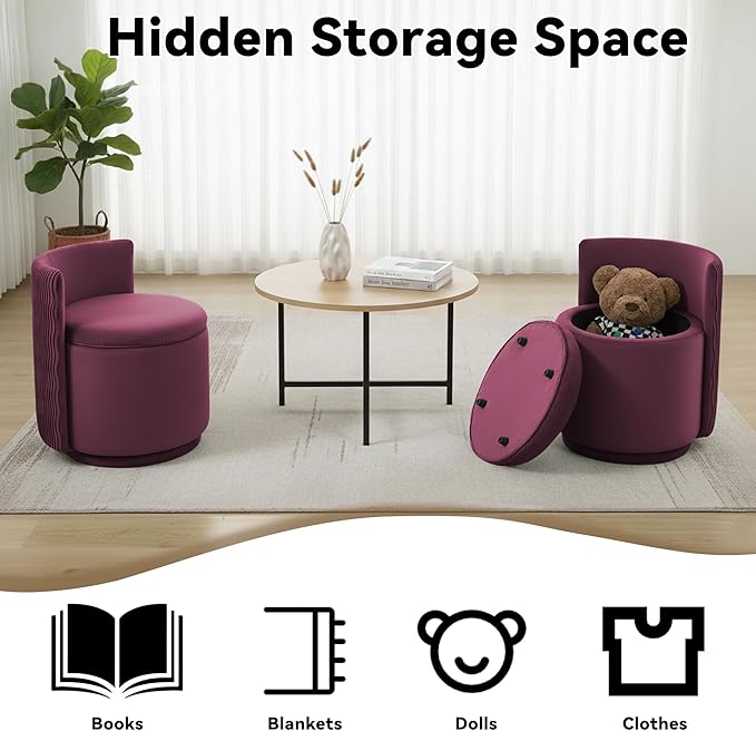 360° Swivel Velvet Vanity Chair with Storage Barrel Makeup Chair with Wave Back No Assembly Vanity Stool Small Accent Chair for Living Room Burgundy