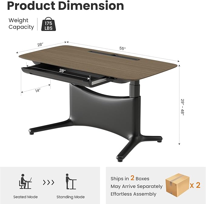 COLAMY Electric Standing Desk 55x28 Inch Wobble-Free Dual Motor Sit Stand Up Home Office Computer Desk One Piece Motorized Workstation Gamer Studio Table Outlets &amp FootrestWalnut Black