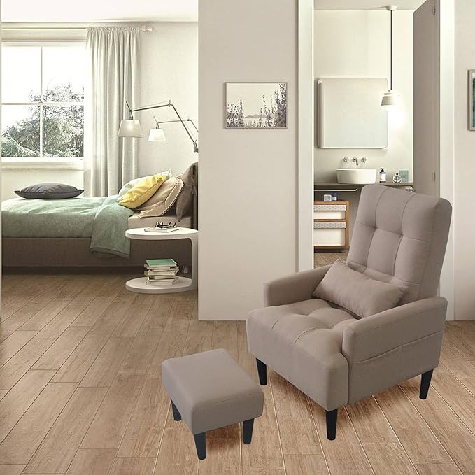 Redde Boo Brown Living Room Sofa Single Chair and Ottoman Modern Multi-Function Fabric Living Room Sofa Lounge Chair Bed and Stool. Soft Leisure Single Chair Adjustable into 5 Angles with Sofa Bed