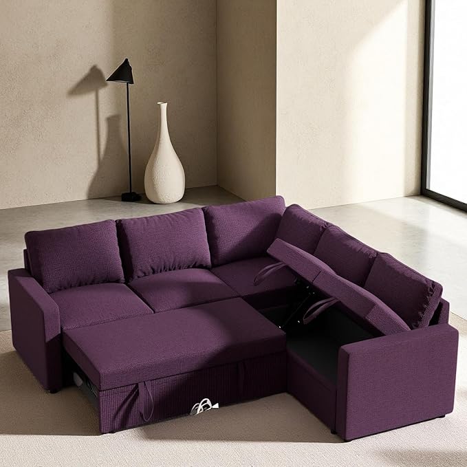 Modular Sofa Bed Couch with Storage 82 Reversible Sleeper Sofas with Pull Out Bed Pull Out Couch for Living Room Apartment Bedroom Office Dark Purple
