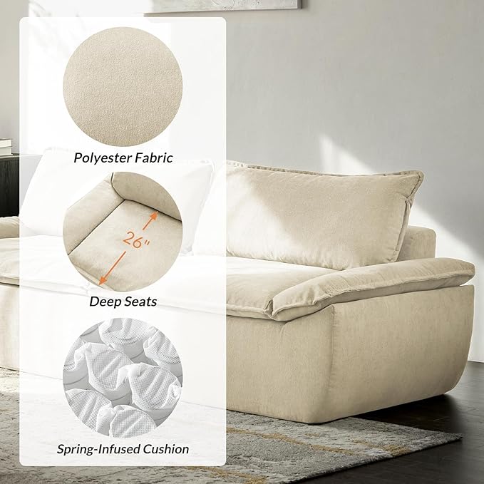 HULALA HOME 89 Compressed Foam Sofa Boneless Couch Oversized Cloud Couh with Deep Seat Modern 3 Seater Sofa with Removable Seat and Back Cushions No Assembly Required Beige