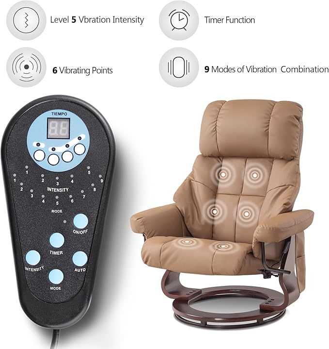 MCombo Manual Swivel Recliner with Ottoman Reclining Chair with Vibration Massage for Small Spaces Living Room Office Faux Leather 9068 (Cognac)