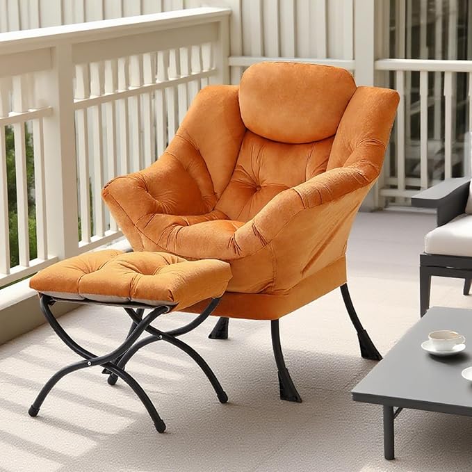 Tiita Lazy Chair with Ottoman Orange Modern Large Accent Armchair Comfy Leisure Sofa Reading Chair with Footrest for Bedroom Living Room Dorm Rooms Garden Velvet Orange