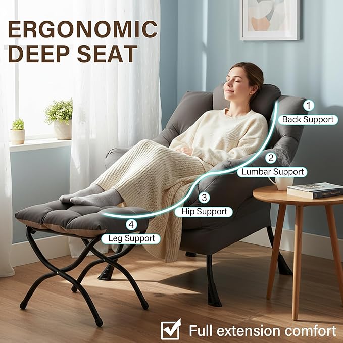 Welnow Lazy Chair with Ottoman Modern Accent Chair with Armrests and a Side Pocket Leisure Sofa Armchair Set Reading Armchair with Footrest for Small Space Light Grey