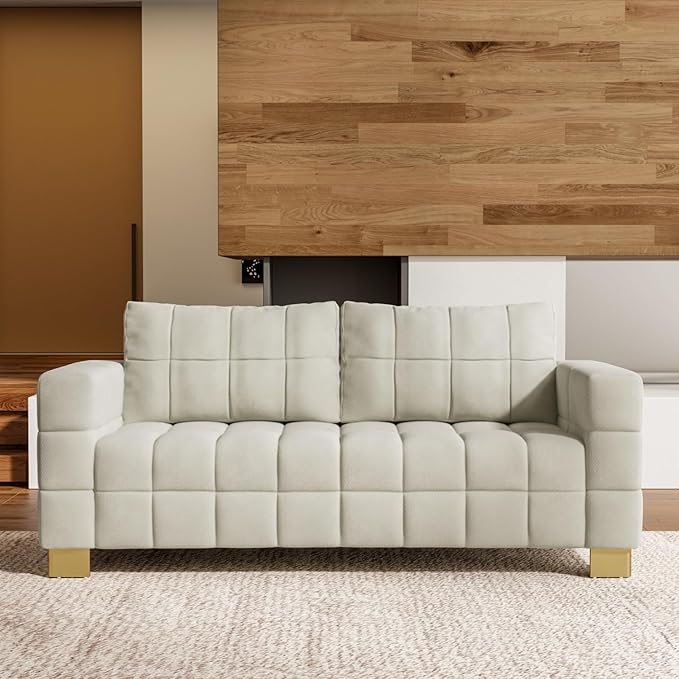 81.89 Sofa Comfy 3 Seat Sofa Tufted Chenille Upholstered Sofa Couch for Living Room with Gold Metal Legs and 2 Throw Pillows (BAIGE（3+3）)