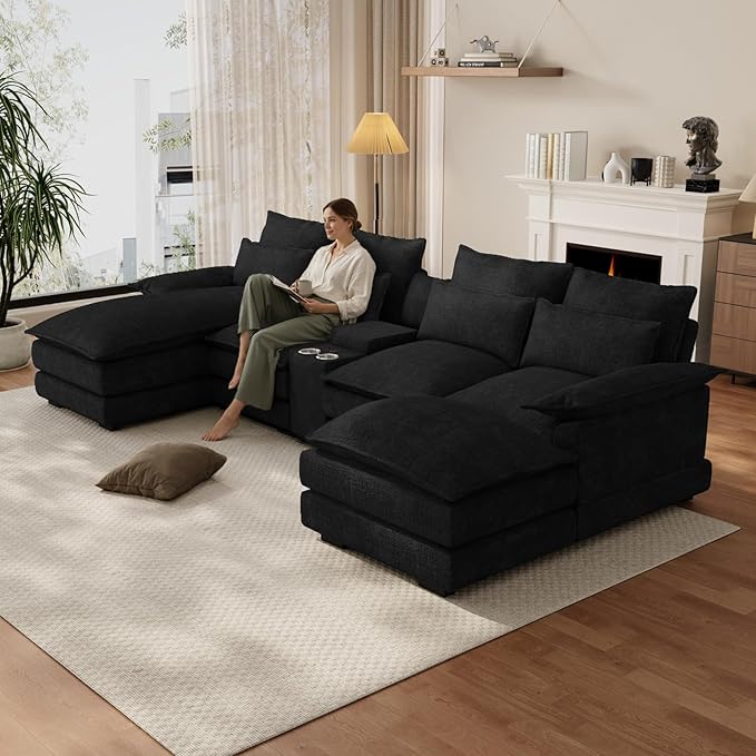 OUYESSIR 135 U Shaped Sectional Cloud CouchBlack Sectional Couches for Living RoomComfy Fluffy Chenille Oversized Cloud CouchModular Sectional Sofa with Central Console &amp Double Chaise Lounge
