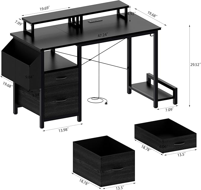 Modern 47 Home Office Writing Desk with Power Outlet &amp 2 Drawers Gaming Desk w/ 2 Monitor Stands &amp Side Pocket for Office Crowd &amp Gaming Crowd (Black)