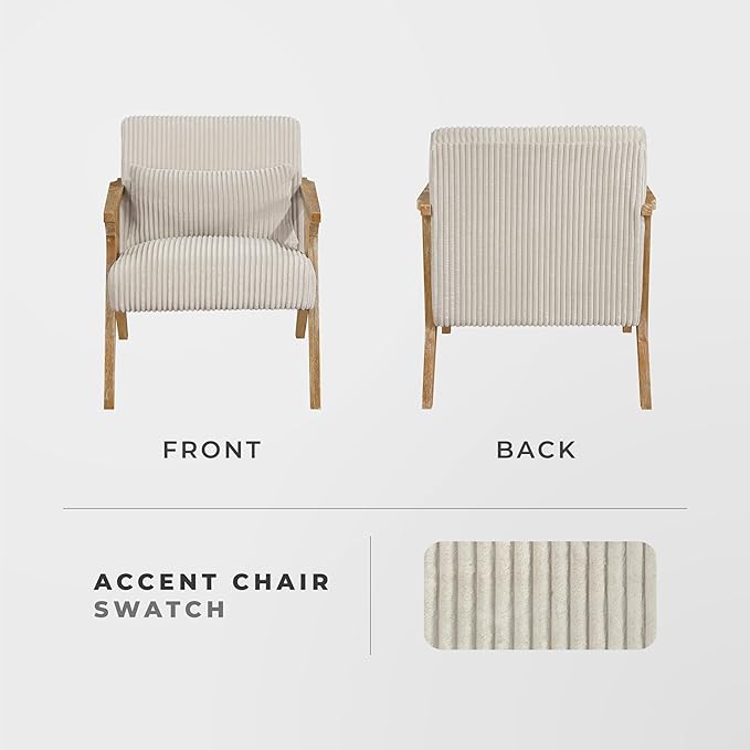 Lexicon Mid Century Modern Accent-Chair with Lumbar Pillow Brown Solid Wood Frame Comfy Corduroy Upholstered Lounge Arm Chair for Living Room/Bedroom/Office/Reading Nook Assembly Required Beige