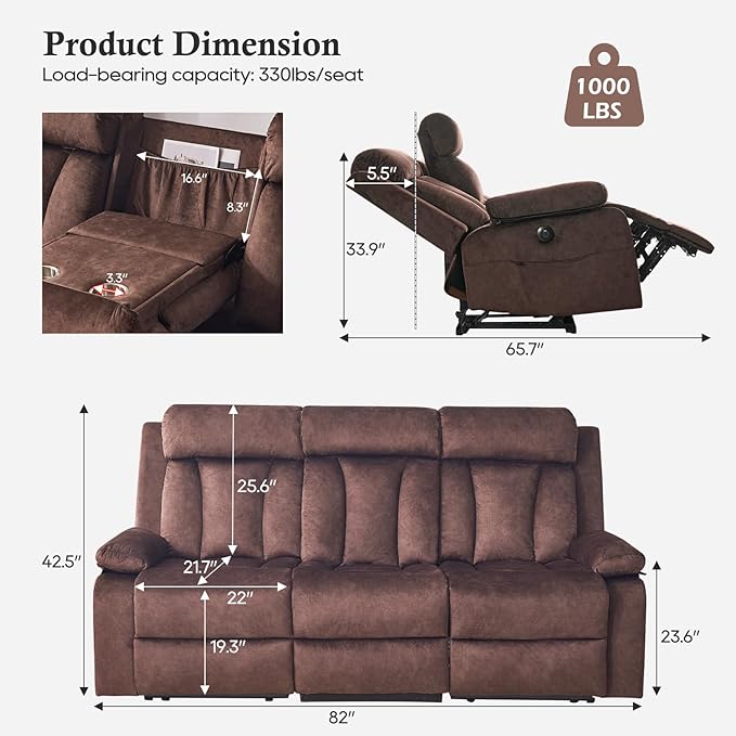 Power Reclining Sofa with Heat&ampMassage Reclining Couch with Multi-Function Console/USB Ports/Type C Wall Hugger 3 Seater-Sofa Recliner Reclining Sofa Couch for Living Room