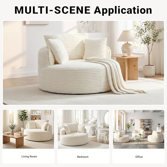 54-inch Oversized Round Chaise Longue Chair Indoor Modern Upholstered Corduroy Deep Seat Circle Cloud Chair Single Boneless Reading Chair for Living Room Bedroom Apartment Yellow