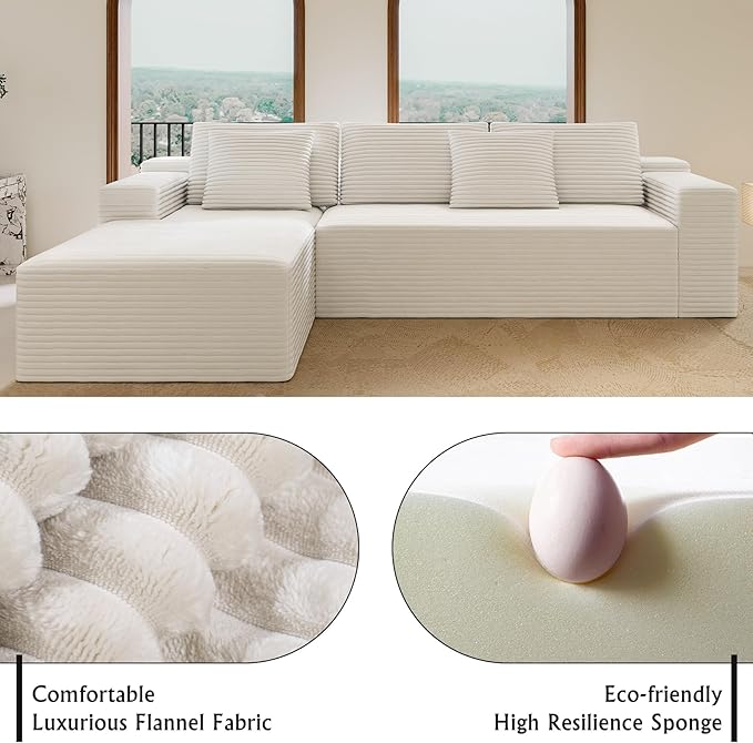 104'' Corduroy Boneless Couch for Living Room Modular Cloud Sectional Couches with Deep Seat Comfy Fluffy Sofas with L-Shaped ChaiseNo Assembly Required2PC Free Combination (White)