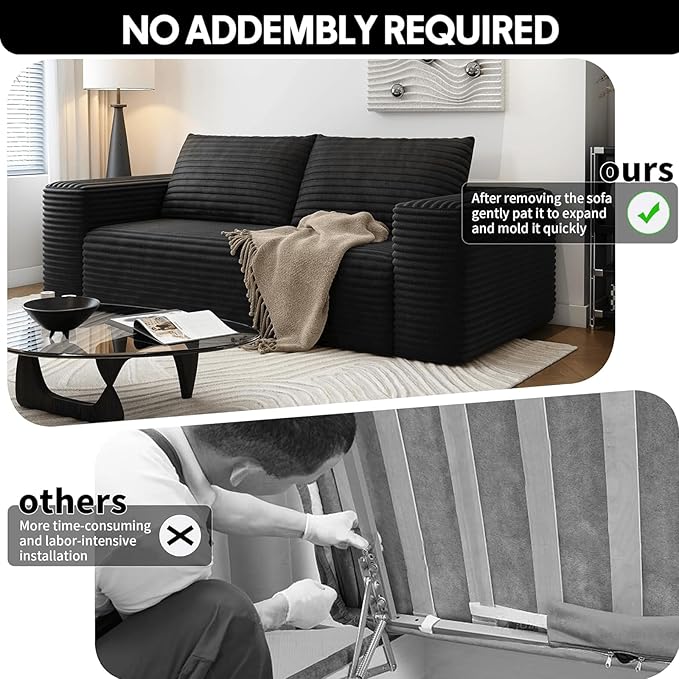 71 Cloud Loveseat Sofa Modern Corduroy Boneless Couch with Deep Seat Memory Foam Comfy 3 Seater Foam Floor Couches for Living Room Bedroom Apartment No Assembly Required (Black 71+3 Seaters)