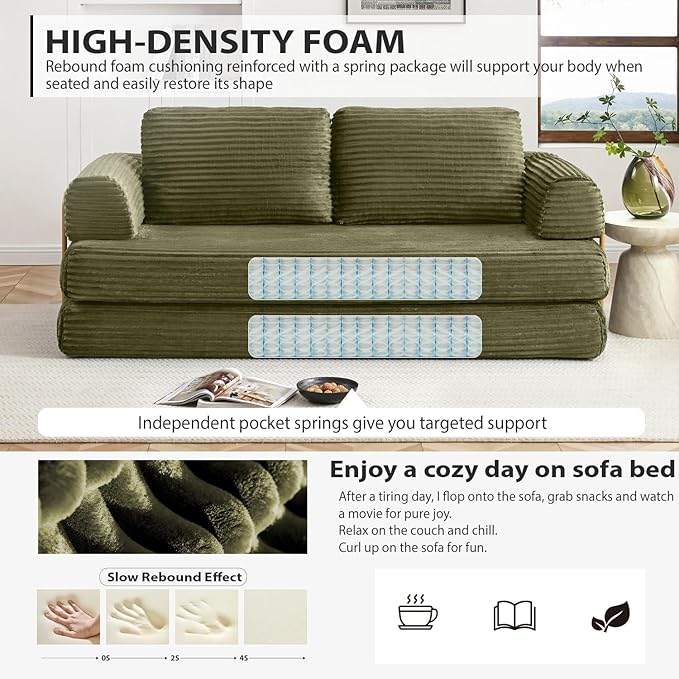 HANXIN 80 Inch Convertible Sleeper Sofa Bed High Back Plush Corduroy Folding Floor Mattress Couch with Fixed-Shape Frame Boneless Futon Loveseat with Pull Out Bed No Assembly Required (Green)