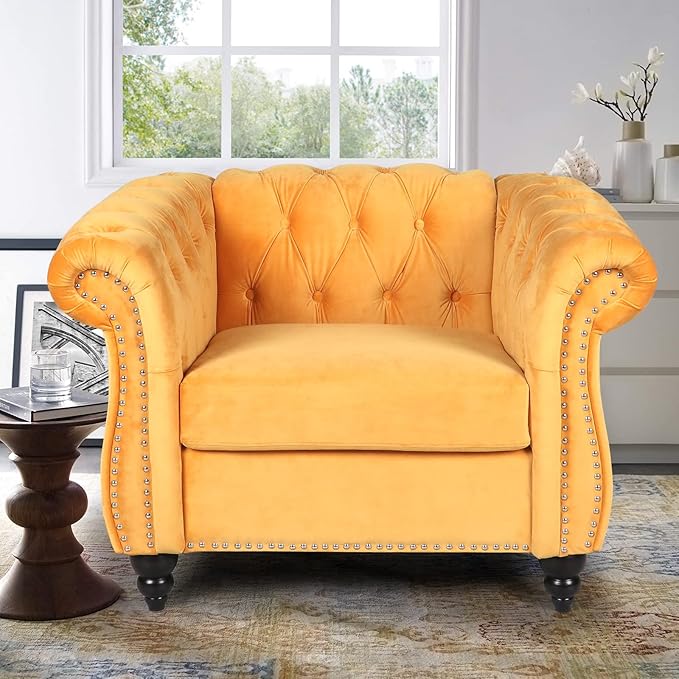 Accent ChairVelvet Chesterfield Sofa Modern Tufted Couch 1 Seater Sofa with Scroll Arms and Nailhead for Living Room Yellow