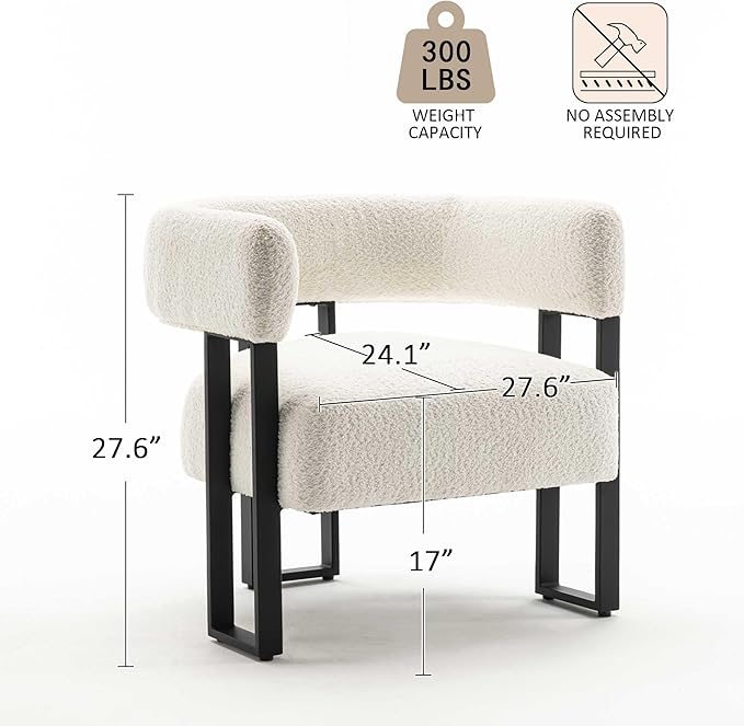 YOUNIKE Accent Chair White Upholstered Teddy Velvet Single Sofa Modern Corner Round Padded Armrest Club Boucle Armchair for Living Room Bedroom Office Hotel Lounge Nursery Apartment Black Metal Stand