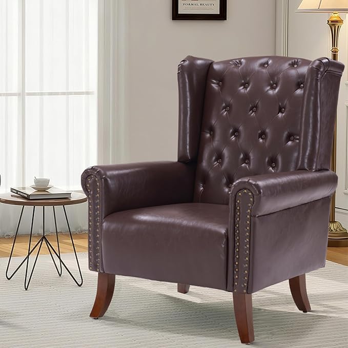 PU Leather Accent Chair Modern Wingback Armchair Club Sofa Chair High Back Living Room Chair for Bedroom Office Lounge (Caramel)