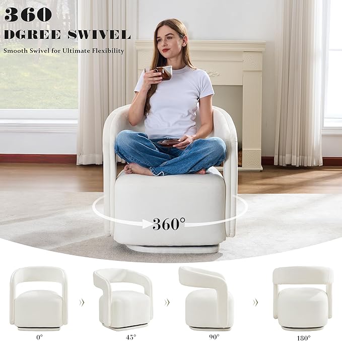 FOXHUNTER Swivel Accent Chair Modern Upholstered Barrel Chair Oversized Round Accent Armchair with Open Back Wooden Base for Living RoomChenil White