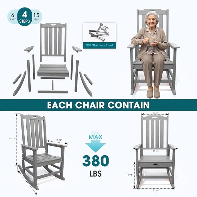 Oversized Rocking Chair Set of 2 Outdoor Rocking Chair for Adults All Weather Resistant Porch Rocker for Lawn Garden Grey