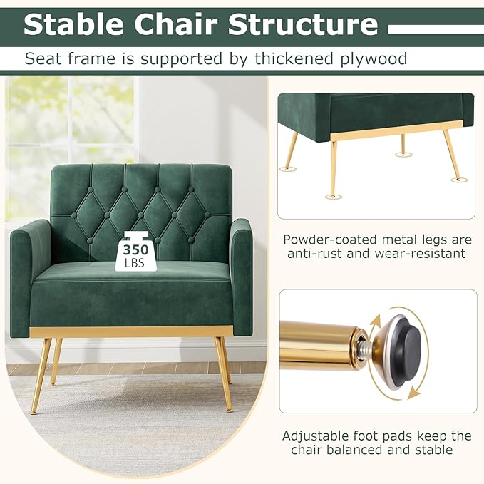 Giantex Modern Velvet Accent Chair - Mid-Century Upholstered Single Sofa Chair w/Button Tufted Back Golden Metal Legs Adjustable Foot Pads Comfy Living Room Armchair for Bedroom Dark Green