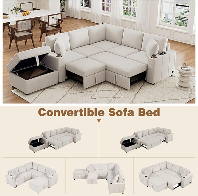 84.7 Sectional Sofa Convertible Pull-Out Sofa Bed with Movable Storage Ottoman and Dual Cup Holders Chenille Fabric Free-Combined Modular Couch for Living Room (Beige-3.27)