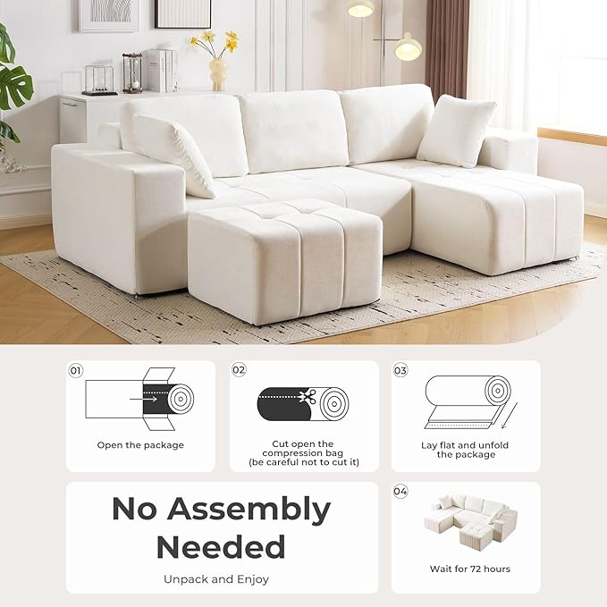 105 Cloud Modular Sectional CouchChenille Boneless Couches with Deep SeatUpholstered U-Shape Sofa with Chaise Sectional Couch with Ottoman No Assembly Required (Beige Right Facing Chaise)
