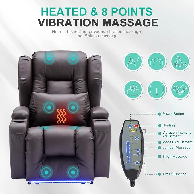 SAMERY Power Recliner Chair Electric Wall Hugger Recliners with Massage &amp Heat Comfy Reclining Sleeper Chair Movie Sofa Home Theater Seat with Cup Holders/USB Port/LED Light/Lumbar Pillow/Remote