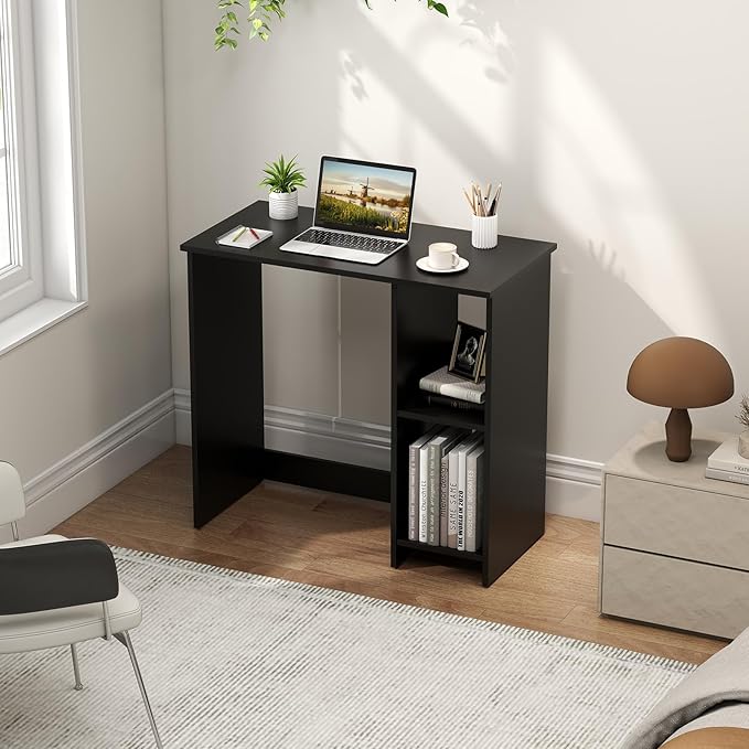 Giantex Small Desk with Storage 31.5 Inch Home Office Computer Desk with Shelves Space Saving Study Writing Desk Modern Simple Laptop Desk for Small Spaces (Black)