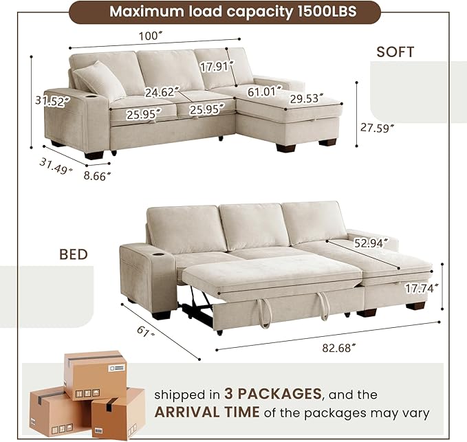 ASHOMELI 99 Convertible Sleeper Sofa BedL Shaped with Storage Chaise Pull Out Couch for Living RoomUSB and Type-CRemovable Washable Chenille Covers (Beige)