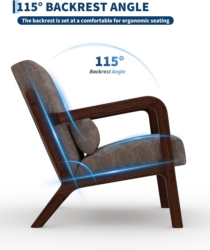 Garvee Mid-Century Modern Accent Chair Chenille Upholstery Solid Wood Armchair with Removable Lumbar Pillow Sturdy Reading Chair for Living Room Bedroom Guest Room Easy Assembly Brown